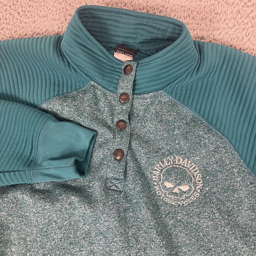 Harley-Davidson Sweatshirt Womens 1X Green Henley Snap Skull Logo Pullover Knit